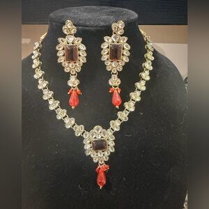 Pakistani Indian Desi Kundan Gold-Tone Red Teardrop Necklace & Earring Set